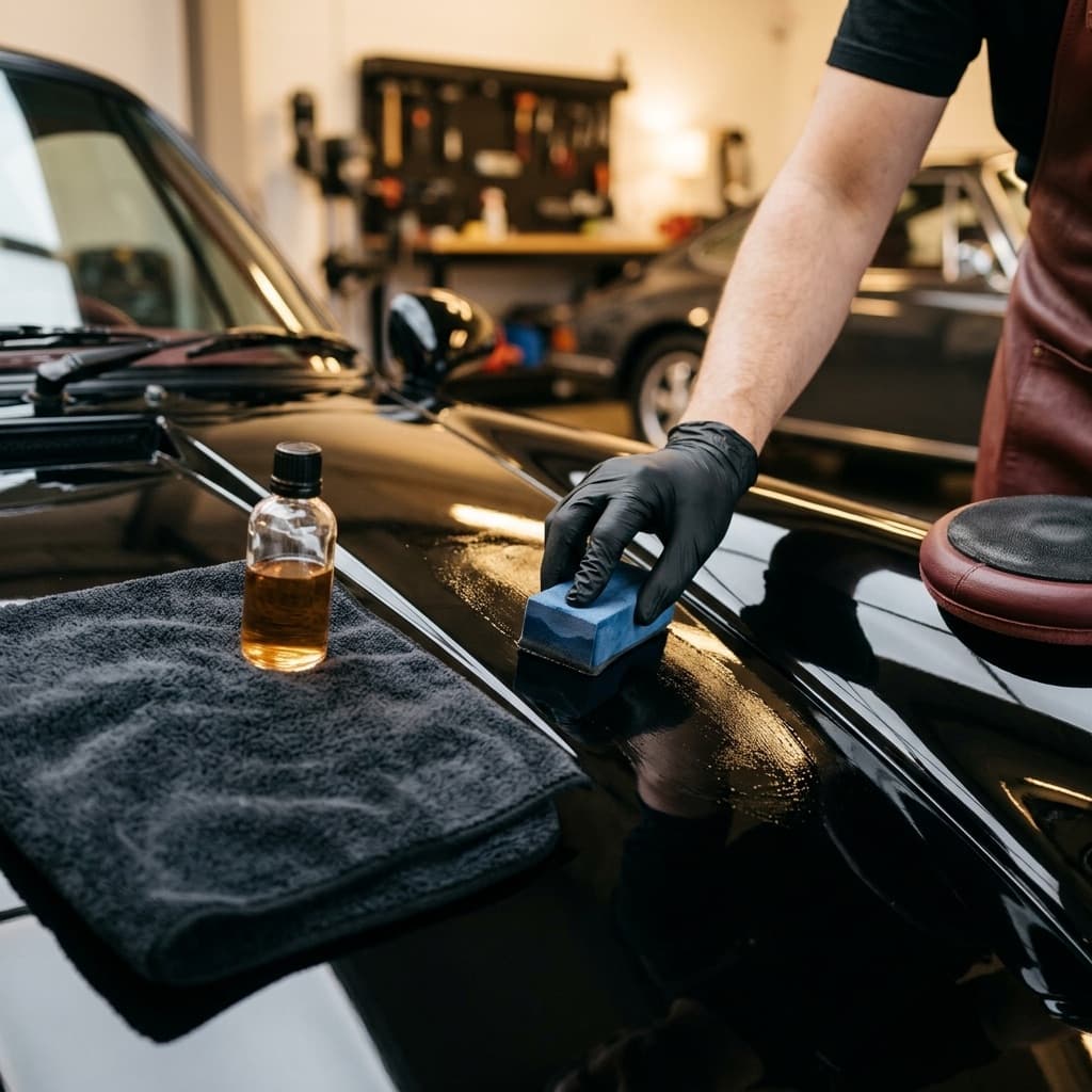 Ceramic coating being applied by hand to a black car's paint