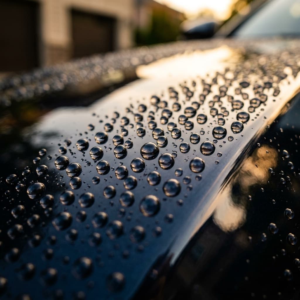 Water beading on a freshly ceramic-coated black car