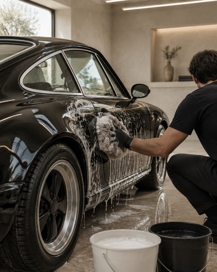 A detailer hand-washing a black classic coupe with a foam mitt in a bright plaster studio, two wash buckets beside him