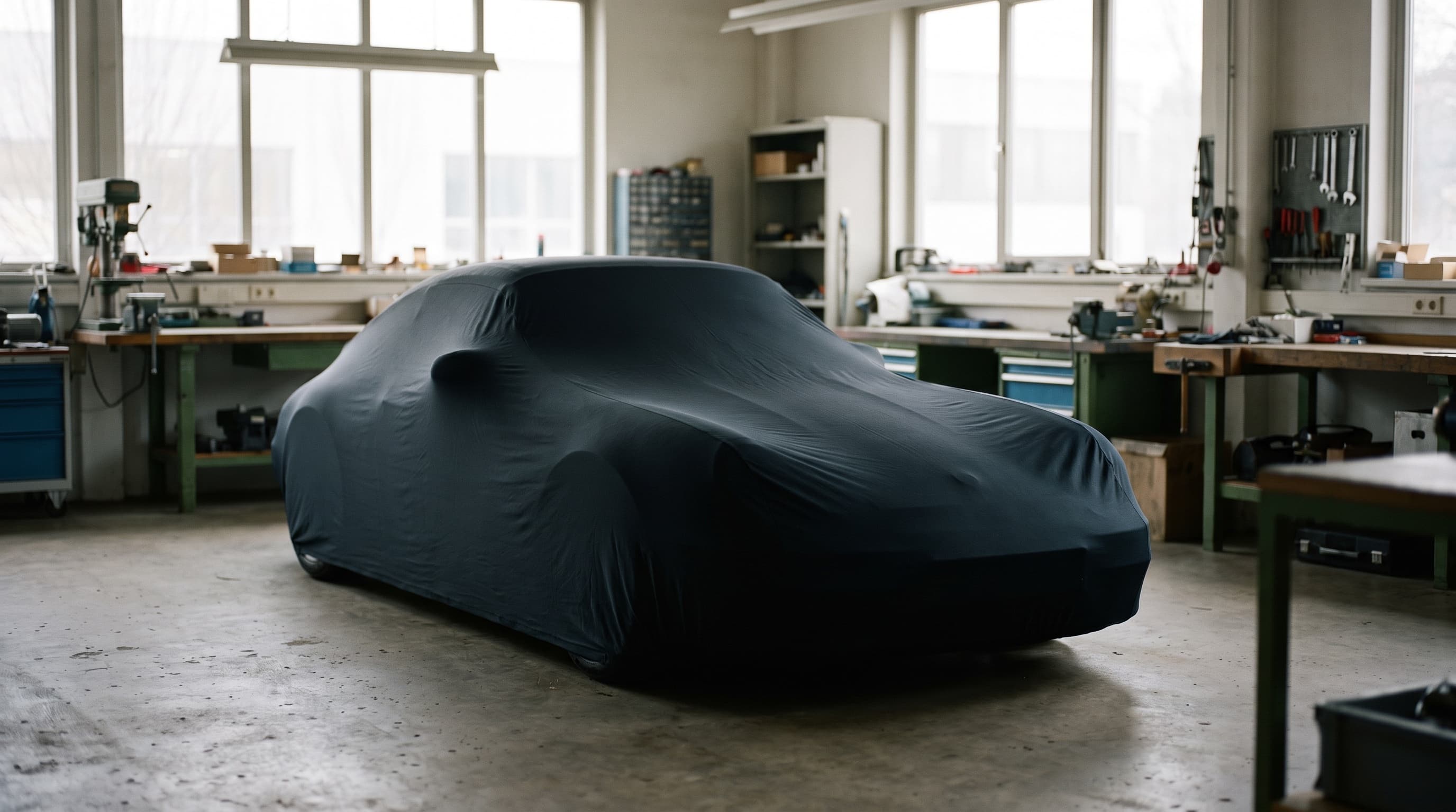 A collector car under a cover in the Cheval Noir atelier