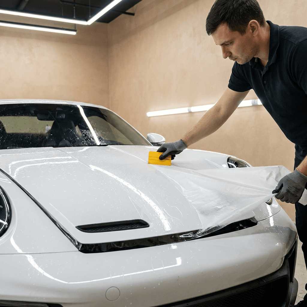 Installer fitting clear GSWF paint protection film to the front of a white sports car